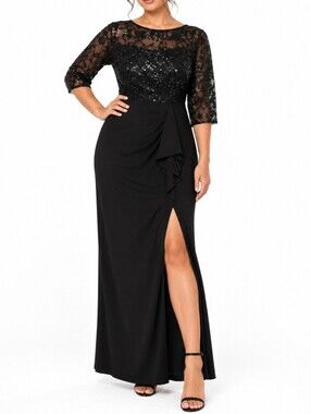 Bellissima Size 16 Black Sequin Lace Evening Gown Maxi Cocktail Christmas Dress